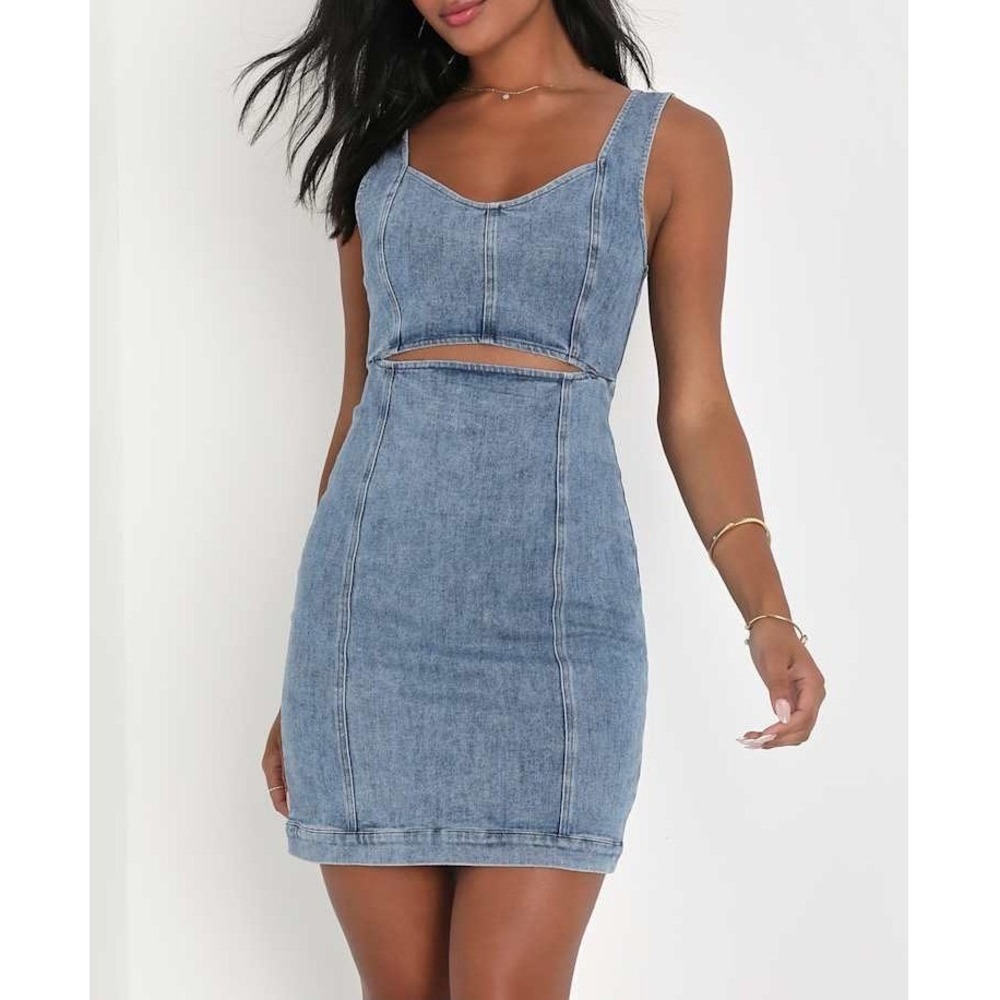 NWT Lulus Charming Edge Light Blue Denim Cutout Mini‎ Dress XL